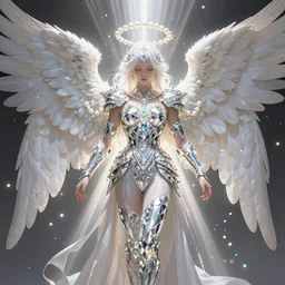 white angel with wings, wearing diamond armor shining light, jewelry pearls, god rays by Karol Bak, Ayami Kojima, Amano