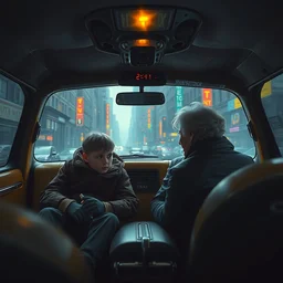 beautiful matte painting of interior of taxi car in cyberpunk new york with a boy and his grandma robogran by greg rutkowski