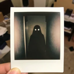 Polaroid photo of an unidentifiable creature at the end of the hallway, creepy white eyes, black dark mouth staring at the camera, the picture was taken from a messy room, found footage, 1995