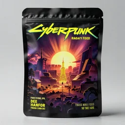a package of cyberpunk food, product photo,