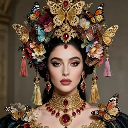 a beautiful portrait render of young Monica Bellucci who has baroque dramatic headdress with intricate fractals of butterflies and tassels made of flower,by by Daveed Benito and Billelis and aaron horkey and peter gric,trending on pinterest,rococo,hyperreal,jewelry,gold,ruby,feminine,intricate,maximalist