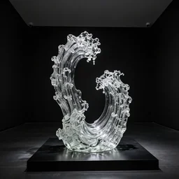 a glass statue made of undulating waves displayed in an emoty black room