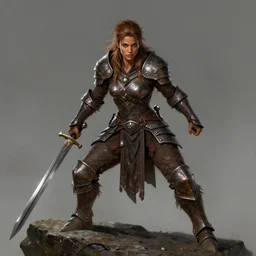 Female barbarian, heavy brown metallic armor, swords, gorgeous and beautiful, light brown messy hair, dark skin, brown eyes, detailed face, battle stance, high fantasy, extremely detailed, alone, on a rock, DND, D&D, matte painting, by wlop and peter mohrbacher, artstationHD