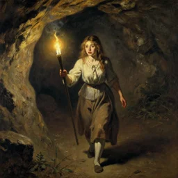 a girl with a torch walking through a cave, the girl is scared, by shishkin, ivan