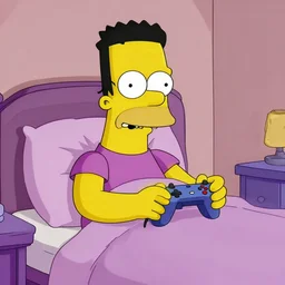 lanky black stoner with bad haircut, sulking in bed playing a video game because he's a moron husband, on the simpsons