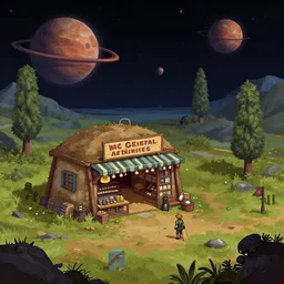 in front of a general store, in a remote outpost, on an alien planet, from a space themed point and click 2 d graphic adventure game, set design inspired slightly by hg giger and tomb raider, art inspired by thomas kinkade and william alexander