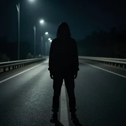 silhouette human figure at night on a highway, morbid
