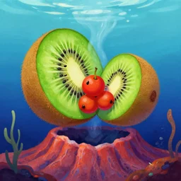 digital art of kiwi and gooseberry hugs in the mouth of an underwater volcano, painting by ivan aivazovski, greg rutkowski, colorful, artgem artstation, funny, colorful,