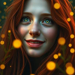 shy infp young woman, smiling amazed, golden fireflies lights, fully covered amidst nature, long red hair, intricate linework, accurate green eyes, small nose with freckles, oval shape face, realistic, expressive emotions, dramatic lights, hyper realistic ultrafine art by artemisia gentileschi, caravaggio, jessica rossier, boris vallejo