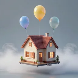 a photograph of a floating house inspired by movie up, held by three small vibrant ballons in the air, mist, playful composition