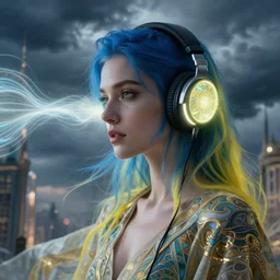 close up portrait, blue and yellow haired elegant model, female, wearing headphones, by greg rutkowski, in a cabin, storm clouds, fantasy city, glowing headphones, surreal light flowing in the air, ornate design, annie liebovitz, sound waves, powerful zen composition, alphonse mucha, elegant cloth c