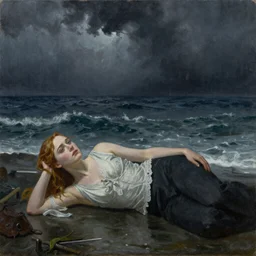 Elle Fanning lost at sea at night, stormy weather, extremely detailed masterpiece, oil on canvas, Roger Deakin’s cinematography, by Norman Rockwell,