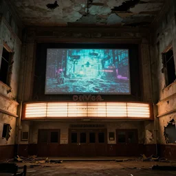 old torn down cinema hall witch flickering screen, cinematic, stylish, vintage 8 k