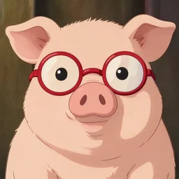 acute piggy wearing round red glasses,in the style of hayao miyazaki, artstation