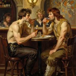 attractive muscular arthur pendragon and muscular attractive merlin go to a pub together to have some drinks. highly detailed painting by gaston bussiere, craig mullins, j. c. leyendecker, alphonse mucha 8 k