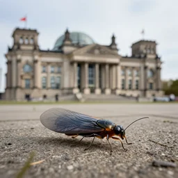 closeup photo of a firefly on the ground with the german reichstag in the background