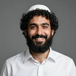 a happy merchant jew wearing kippah!!!, black curly beard, black curly hair, hooked nose, by greg rutkowski, artstation, by artgerm, by wlop