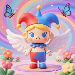 3 d render of chibi jester by ichiro tanida wearing angel wings against a psychedelic swirly background with 3 d butterflies and 3 d flowers n the style of 1 9 9 0's cg graphics 3 d rendered y 2 k aesthetic by ichiro tanida, 3 do magazine