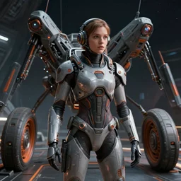 girl in the sci - fi heavy suite, deep space, gray and orange colours, landing gear, avatar, cinematic keyframe, by fausto de martini, by wadim kashin, ultra realistic, cinematic light, ue 5, featured on artstation, octane render, sharp focus, ray tracing, artstationhq, cgsociety, cinematic 8 k.