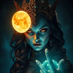 portrait of moon sorceress, beautiful, attractive, glowing, ornate, jaw dropping, dynamic lighting, dark, menacing, intricate and detailed, 4 k octane render, age 2 0