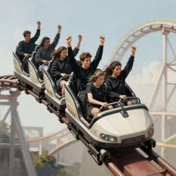 digital art painting of people dressed in black riding a rollercoaster with their arms up in the air