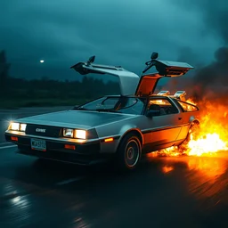 photograph of a delorean engulfed in flames