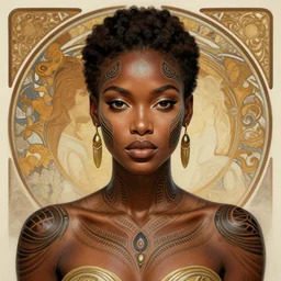 symmetrical body portrait of beautiful nubian tribal tattooed young woman, intricate, elegant, highly detailed, digital painting, artstation, concept art, smooth, sharp focus, illustration, art by artgerm and greg rutkowski and alphonse mucha, 8 k