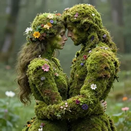 a couple made of moss and flowers in a romantic embrace, beautiful high quality realistic fantasy art, trending on artstation by artgerm and greg rutkowski and alphonse mucha