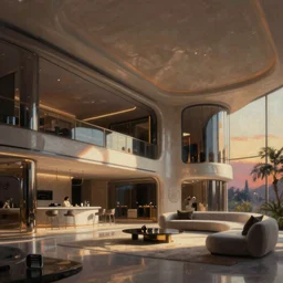 a luxury high tech apartment interior, painting by Craig Mullins, interior design, octane rendering, warm moody lighting, wide angle lens, low view, in the style of blade runner