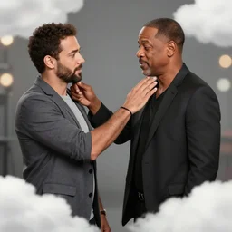 chris rock slaps will smith in the face. len blur background bokeh. art by ismail inceoglu and filip hodas. clouds by rhads.