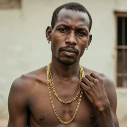 a homeless man wearing gold chains around his neck