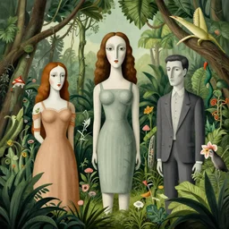 surreal jungle illustration by jerico santander, heidi taillefer, mark ryden, giorgio de chirico, paul delvaux, hieranonymus bosch, alexandra gallagher, michael cheval, yves tanguy, lauren marx, jake messing, hannah yata, caitlin hacket