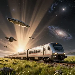 inter dimensional sci - fi train far future, travelling across the stars, cosmos, galaxy, cinematic view, epic sky, detailed, concept art, low angle, high detail, warm lighting, volumetric, godrays, vivid, beautiful, trending on artstation, by jordan grimmer, huge scene, grass, art greg rutkowski