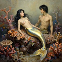 harmony black haired merman golden fins, colorful coral, muted colors, wlop, james jean, victo ngai, highly detailed, fantasy art by craig mullins, thomas kinkade