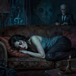 cinematic colorful horror artwork by artgerm, stephen king, lovecraft, mark brooks ; real life full portrait of beautiful dove cameron lying on couch sleeping on her stomach, living room, midnight ; dark, gloomy, tensed, scary, 8 k hdr, creepy intricate ; volumetric dramatic lighting, detailed, haunting