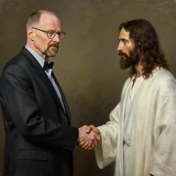 A painting of walter white handshaking with Jesus