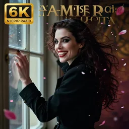 hyperrealistic portrait of a woman as amber heard as a vampire witch grin in a black coat closing a window over the shoulder shot among falling petals. by jeremy mann and alphonse mucha, fantasy art, photo realistic, dynamic lighting, artstation, poster, volumetric lighting, very detailed faces, 4 k, award winning