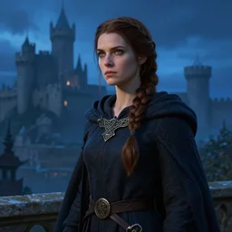 portrait of a mage, cloth, blue hour, solemn, dungeons and dragons character, dramatic lighting, female, brown hair, celtic braid, castle background, gorgeous view, realistic, high detail, digital art, painted by greg rutkowski, painted by jeremy mann, painted by alphonse mucha, trending on artstation