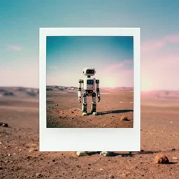 analog polaroid of a lone robot on mars, cyan and light pink sky, color bleed, slight lens flare