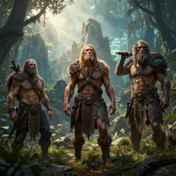 cavemen surviving in the wild, volumetric lighting, 8 k octane beautifully detailed render, post - processing, extremely hyper - detailed, intricate, epic composition, cinematic lighting, masterpiece, trending on artstation, detailed detailed detailed, masterpiece, beautiful cinematic light,