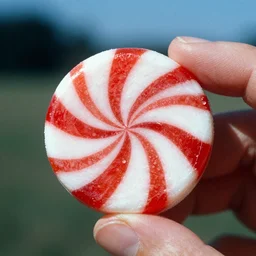 1960s photo of a round red and white peppermint candy held up to the sun
