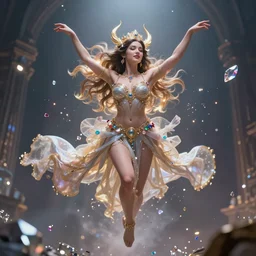 a beautiful female human god of sound character, character is in all its glory, character is centered on the image, character is flying in natural pose, rim lights, highly detailed professional photo, dynamic lights, particles and crystals are flying, very deep depth of field, trending on artstation, illustration, hyper realistic, vray caustics, super detailed, colorful accents, cinematic shot