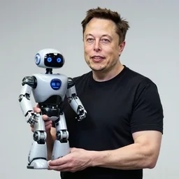 photograph of elon musk holding a robot