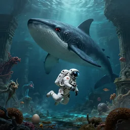 An astronaut is under the sea, he has a big egg, he is swimming away from the giant leviathan that is behind hunting him, the leavithan has evil red eyes, this is an extravagant planet with wacky wildlife and some mythical animals, the background is full of ancient ruins, the ambient is dark with a terrifying atmosphere, by Jordan Grimmer digital art, trending on Artstation,