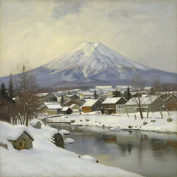hokkaido, japan in the style of hudson river school of art, oil on canvas