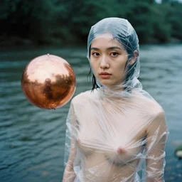 a closeup portrait of a woman wrapped in plastic, standing next to a levitating copper orb, in a river, color photograph, by vincent desiderio, canon eos c 3 0 0, ƒ 1. 8, 3 5 mm, 8 k, medium - format print