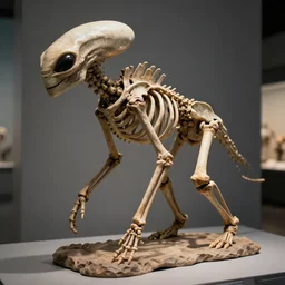 reconstructed skeleton of alien creature, museum centrepiece