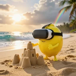 a photograph, of a real anthropomorphic lemon cartoon character, it has lemon skin texture, otand a vr goggles, it's building a sandcastle on the beach at sunset, beach, huge waves, bright sun, turbid clouds, rainbow, tropical trees, rim light, sand, sandcastle, volumetric lightening, pentax k 1 0 0 0