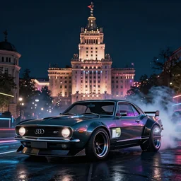 widebody audi camaro b 1 ( 1 9 6 9 ), need for speed : carbon, at night, sci - fi, neon lines, lviv historic centre, phonk music background, smoke behind wheels, noise, dark, establishing shot, by simon stalenhag