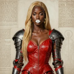 warrior, mulatto,, beautiful face, beautiful features, white lips, long golden hair, red closed leather dress, leather armor, iron armor, gold earrings, alexander mcqueen clothing, very beautiful style, realism, oil, durer graphics, edgard mcsons,